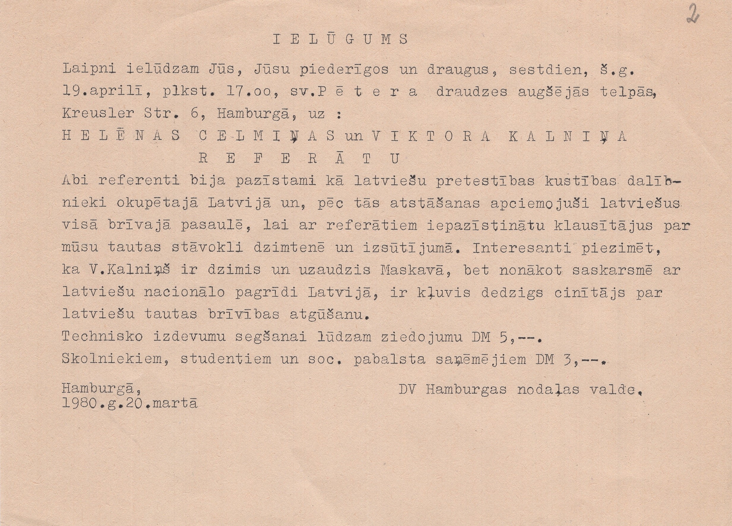 Ielūgums uz Viktora Kalniņa un viņa sievas Helēnas Celmiņas referātu Hamburgā. 1980. gada 20. marts.