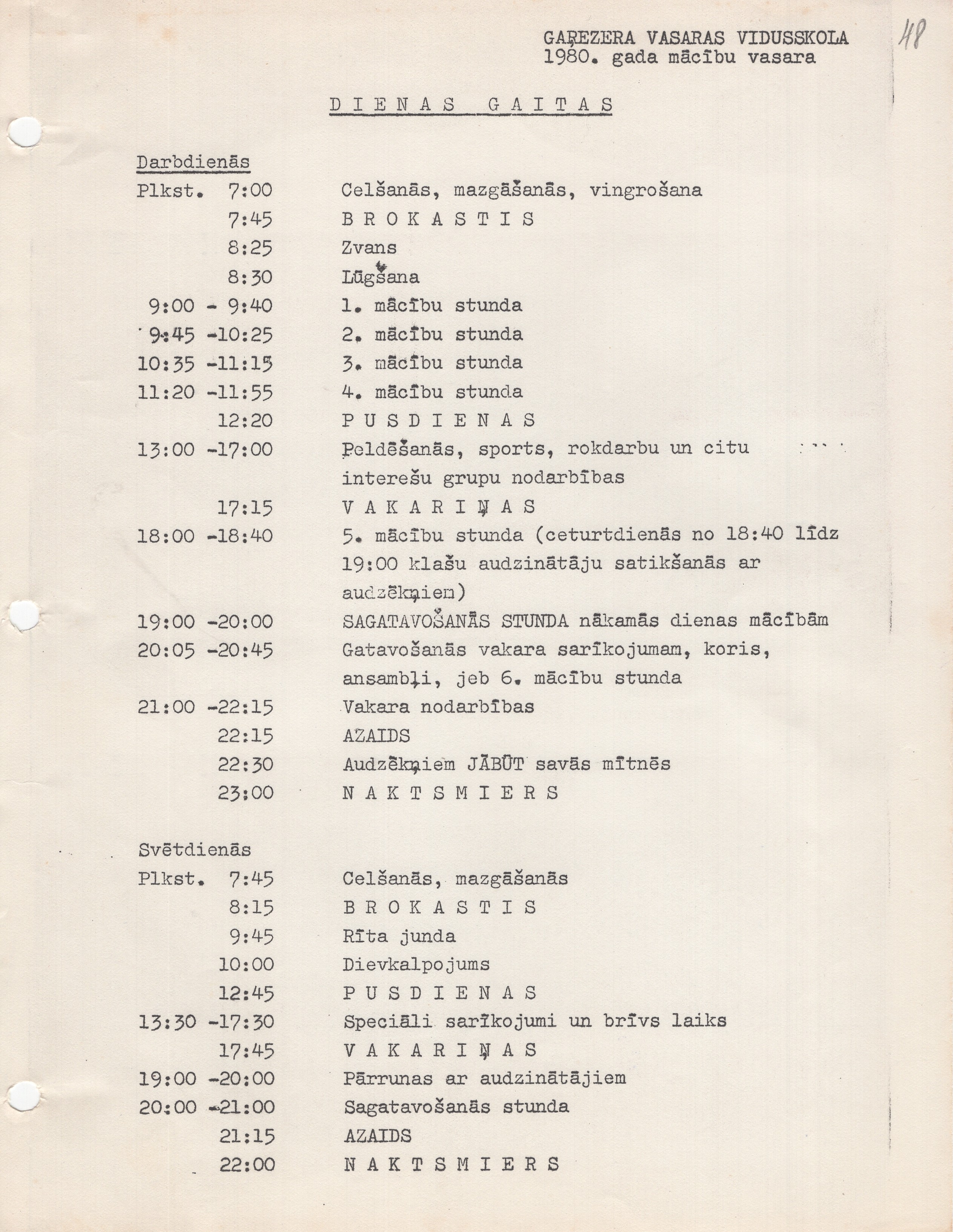 Garezera vasaras vidusskolas dienas plāns. 1980. gada vasara.