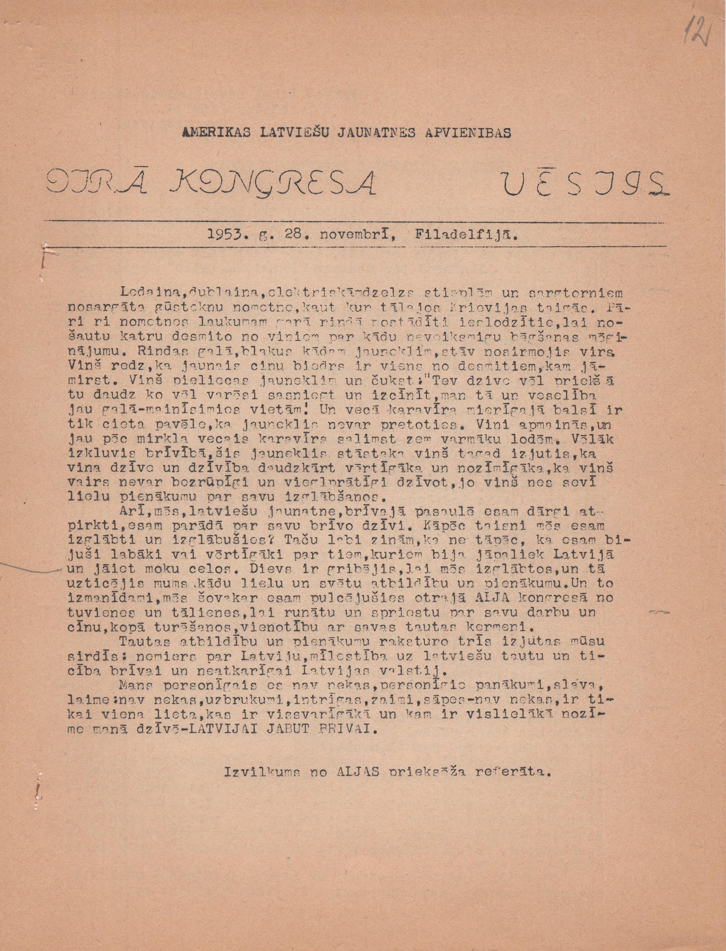 Amerikas Latviešu jaunatnes apvienības 2. kongresa vēstis, 1953. gada 28. novembris.