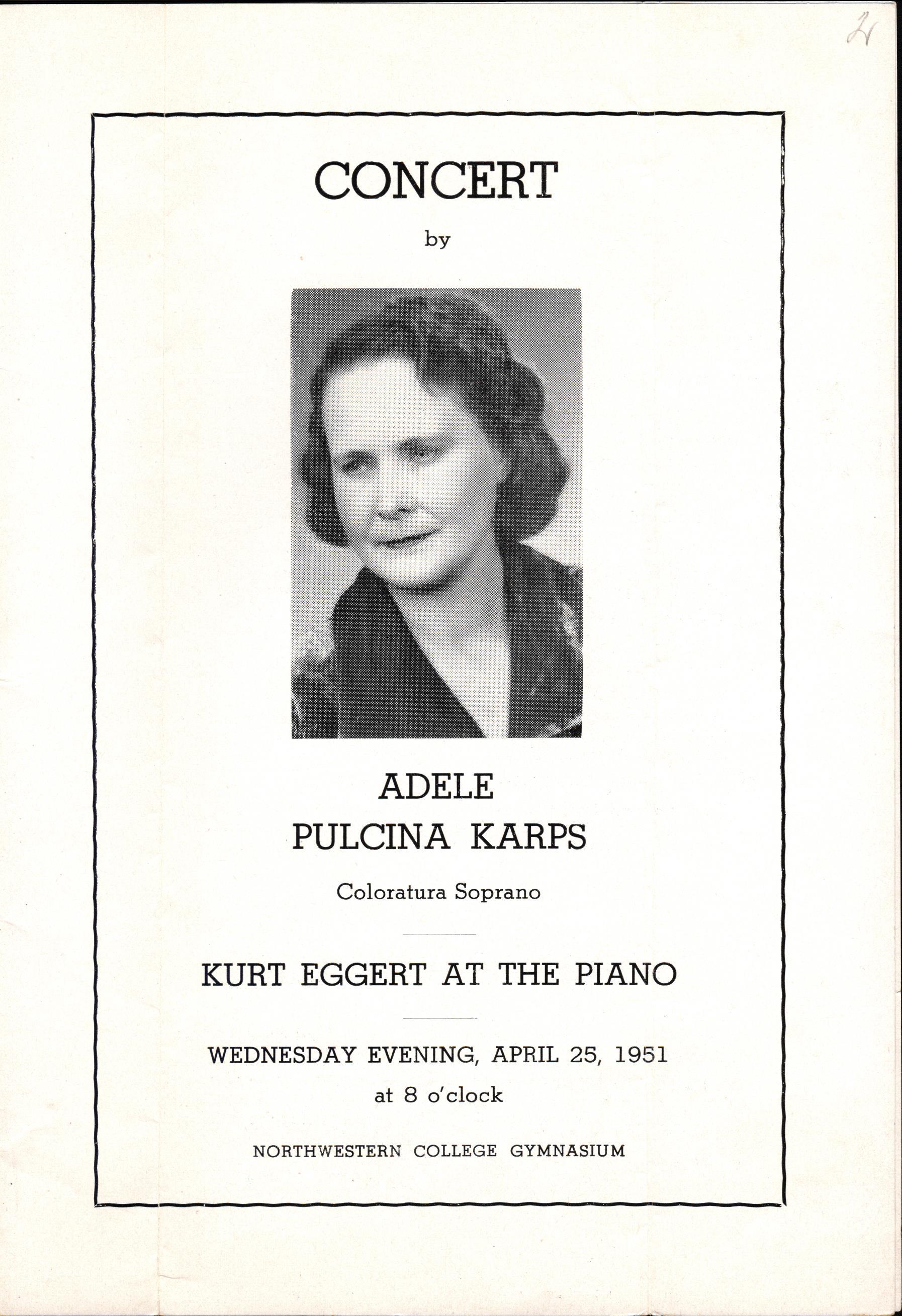 Operas solistes Adeles Pulciņas-Karps un pianista Kurta Egerta koncerta 1951. gada 25. aprīlī ASV programma.