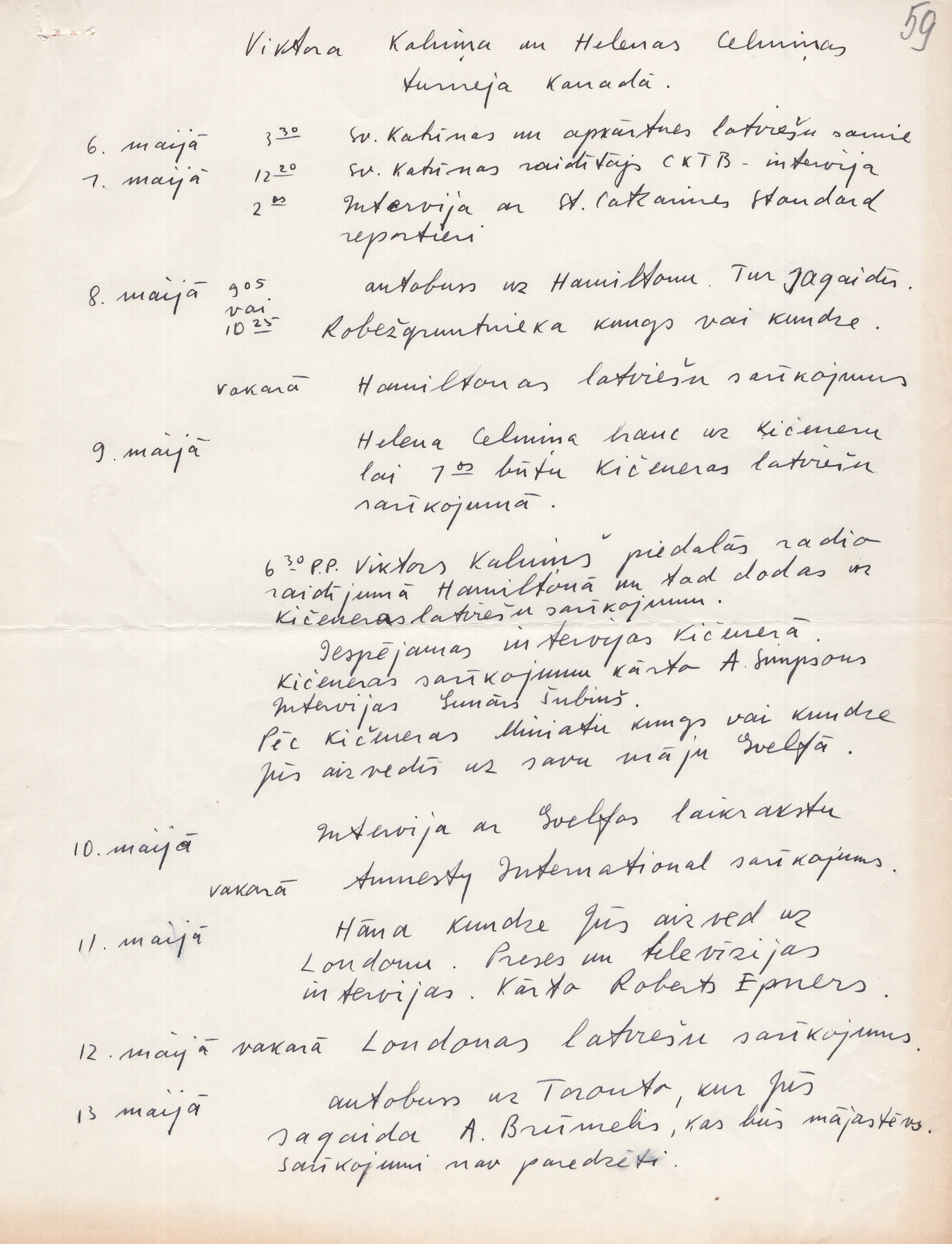 Viktora Kalniņa un Helēnas Celmiņas turnejas Kanādā plāns. 1978. gada 6. – 18. maijs.
