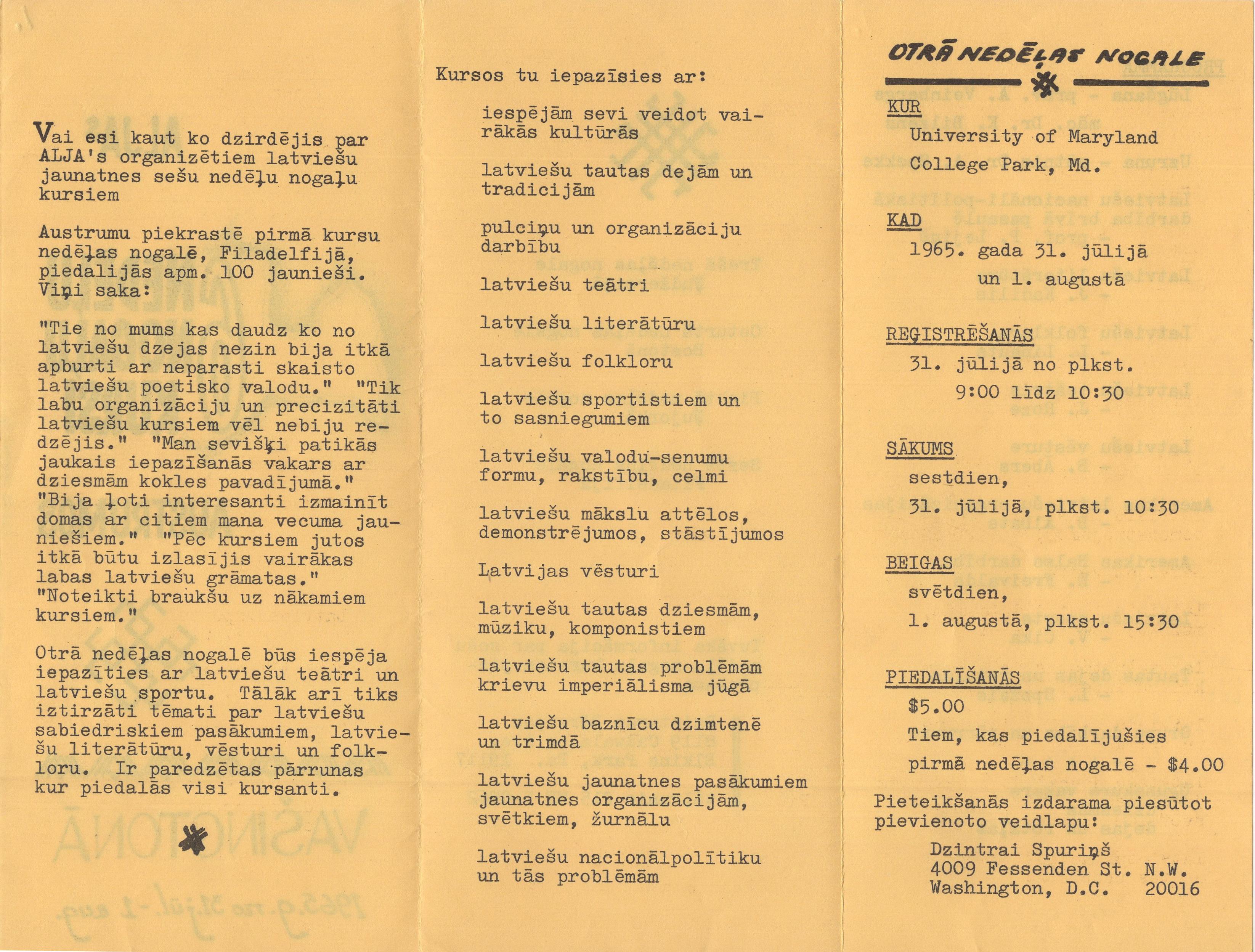 Amerikas Latviešu jaunatnes apvienības rīkoto 6 nedēļu nogaļu kursu programma, fragments, 1965. gads.
