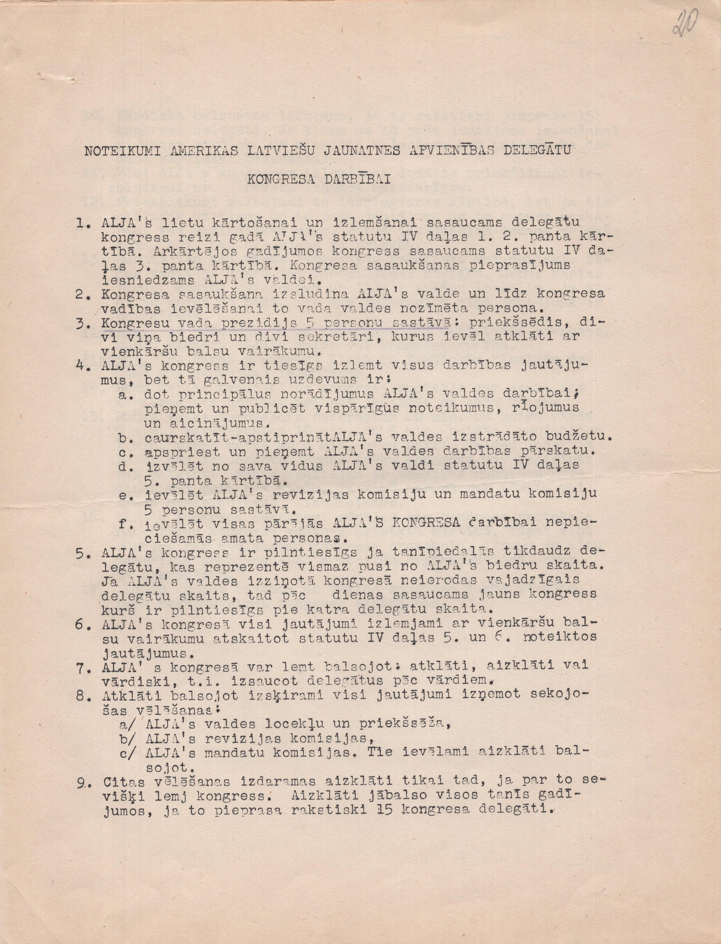 Noteikumi Amerikas Latviešu jaunatnes apvienības delegātu kongresa darbībai, fragments, 1953. gads.