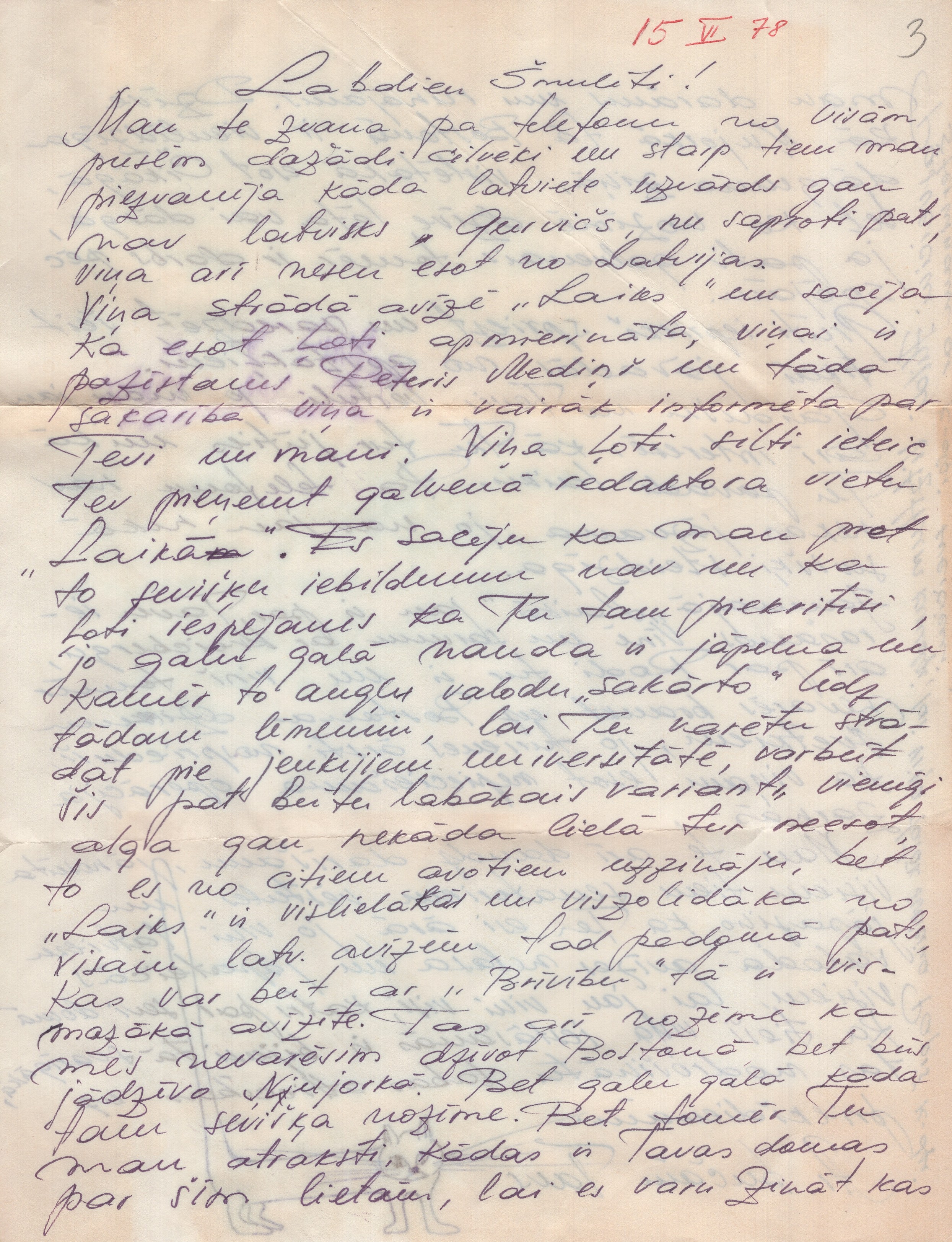 Sievas Helēnas Celmiņas vēstule 1978. gada 15. jūnijā.
