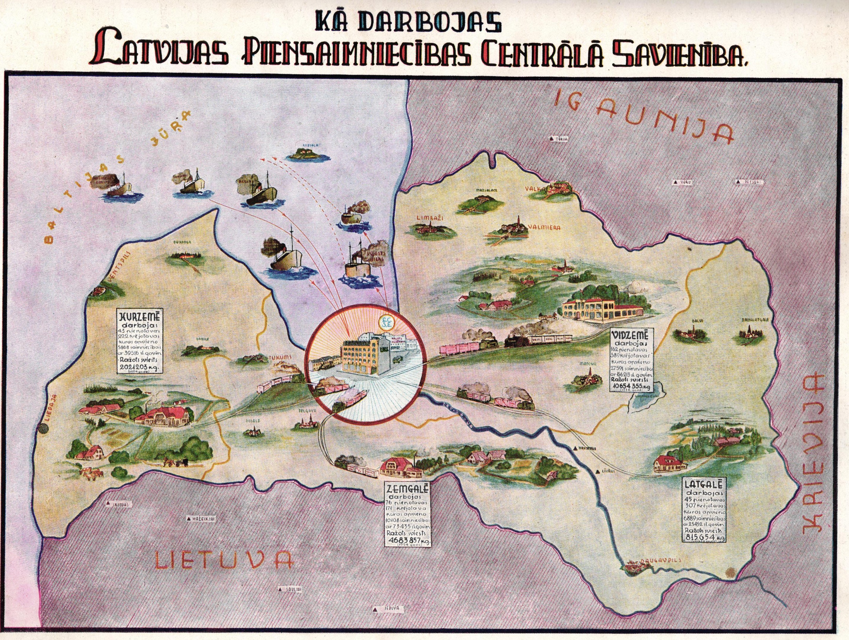Latvijas Piensaimnieku Centrālās savienības darbības kartējums. Ilustrācija no 1935. gada darbības pārskata.