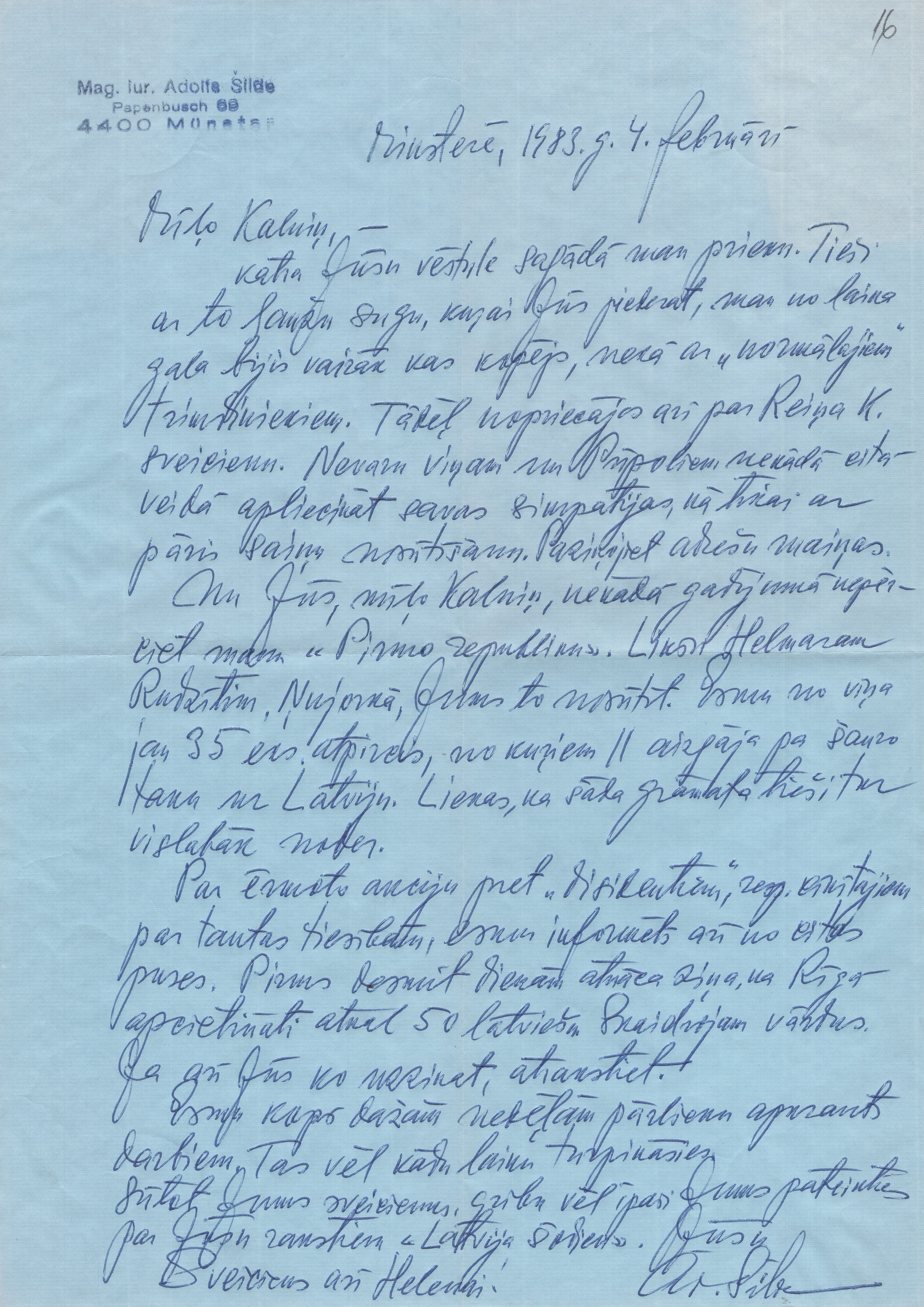 Sarakste ar Ādolfu Šildi. 1983. gada 4. februāris.