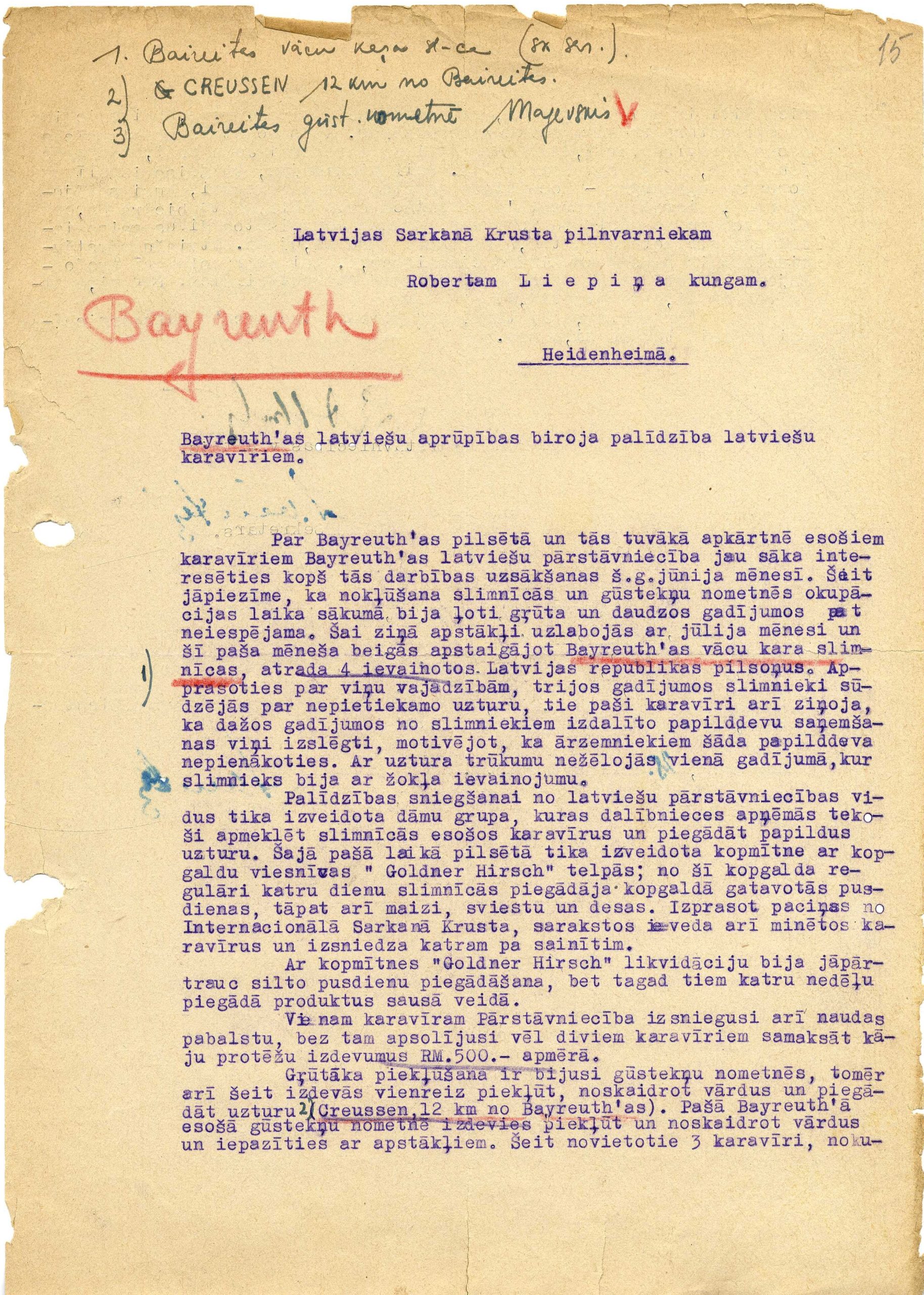 Ziņojums R.Liepiņam par Baireitas latviešu aprūpības biroja palīdzību latviešu karavīriem.