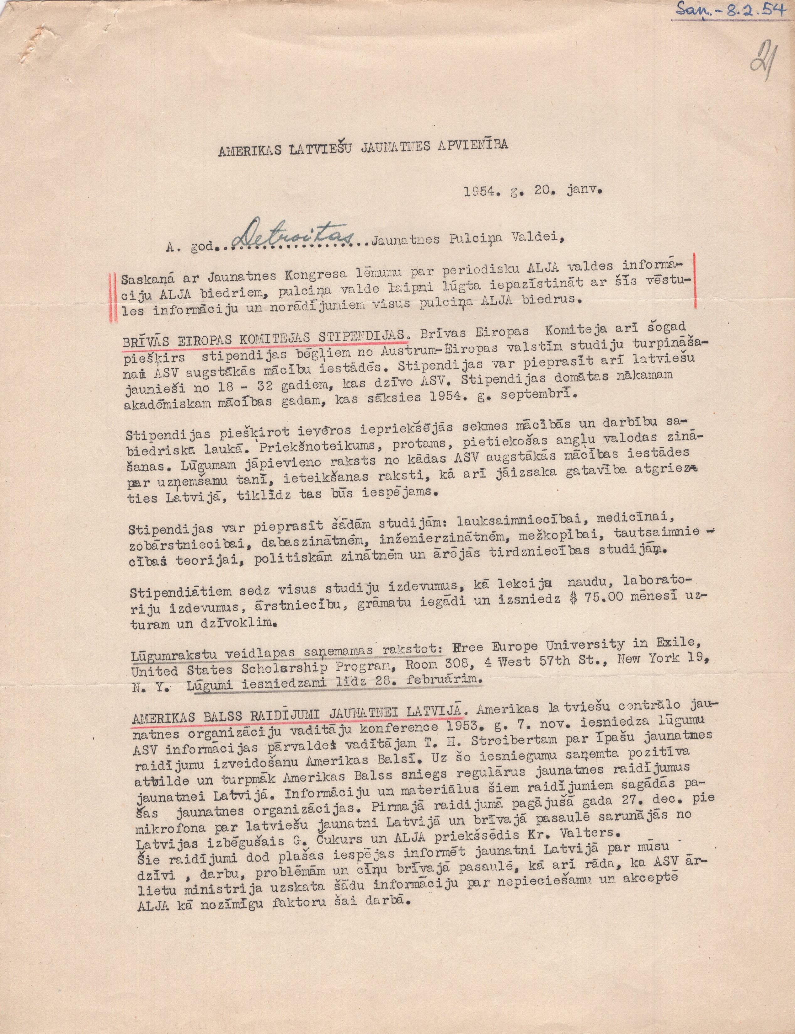 Amerikas Latviešu jaunatnes apvienības vēstule Detroitas Latviešu jaunatnes pulciņa valdei, fragments, 1954. gada 20. janvāris.