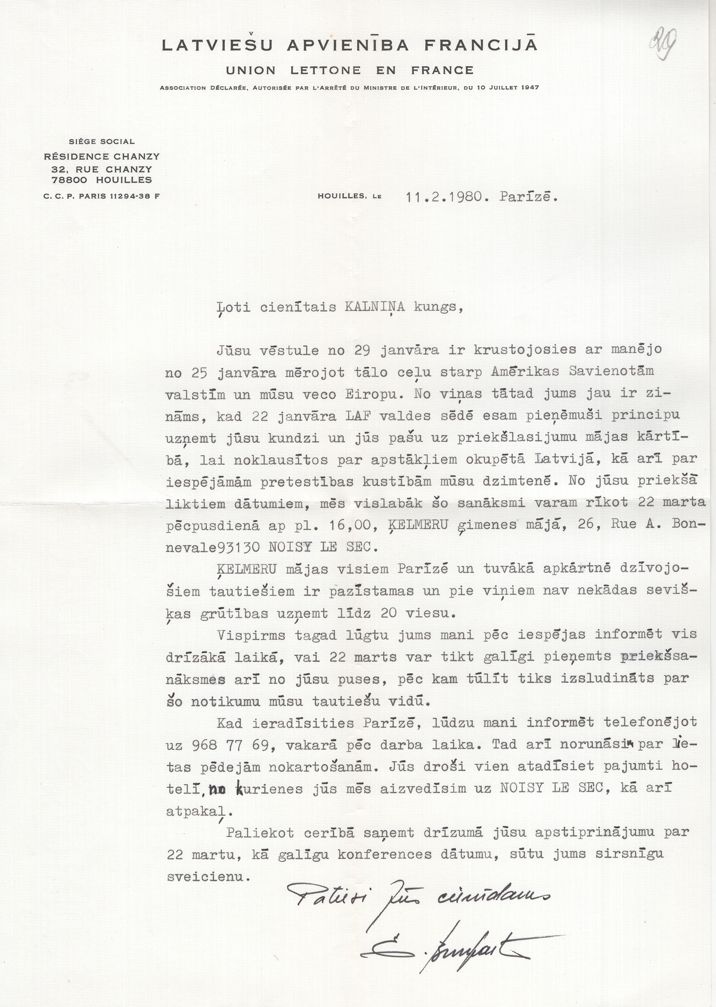 Sarakste ar Latviešu apvienības Francijā priekšsēdi Ernestu Bonapartu par Viktora Kalniņa un Helēnas Celmiņas viesošanos Parīzē. 1980. gada 11. februāris.