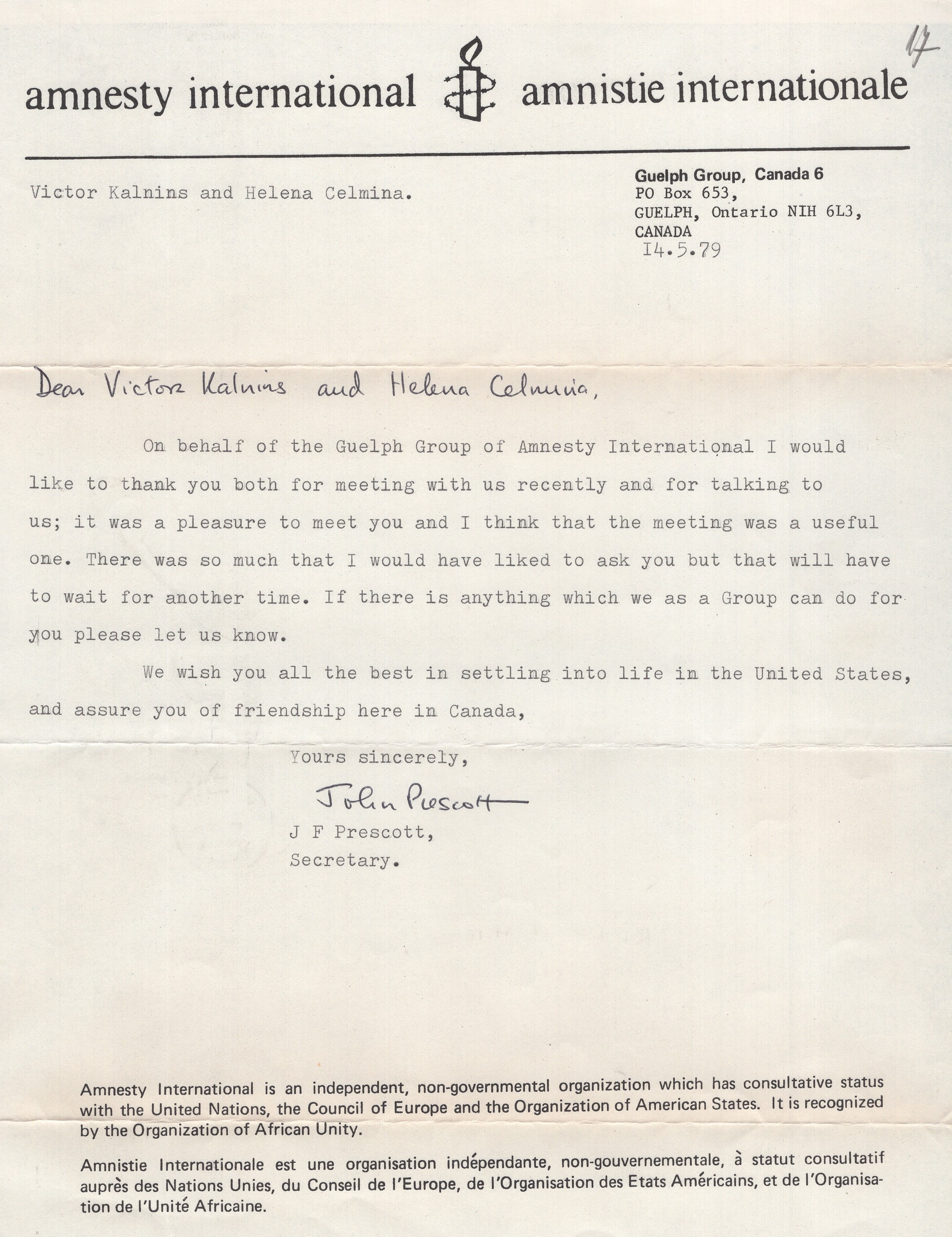 Sarakste ar "Amnesty International" Kanādas nodaļas sekretāru Džonu Preskotu pēc tikšanās ar Viktoru Kalniņu un Helēnu Celmiņu. 1979. gada 14. maijs.
