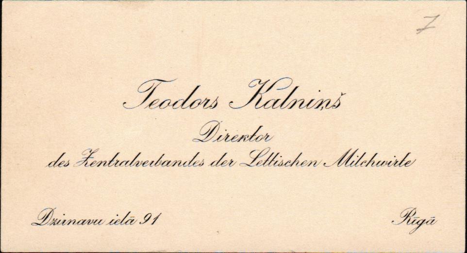 Teodora Kalniņa, Latvijas Piensaimnieku Centrālās savienības "Piena centrāles" vadītāja vizītkarte. 20. gadsimta 20. - 30. gadi.