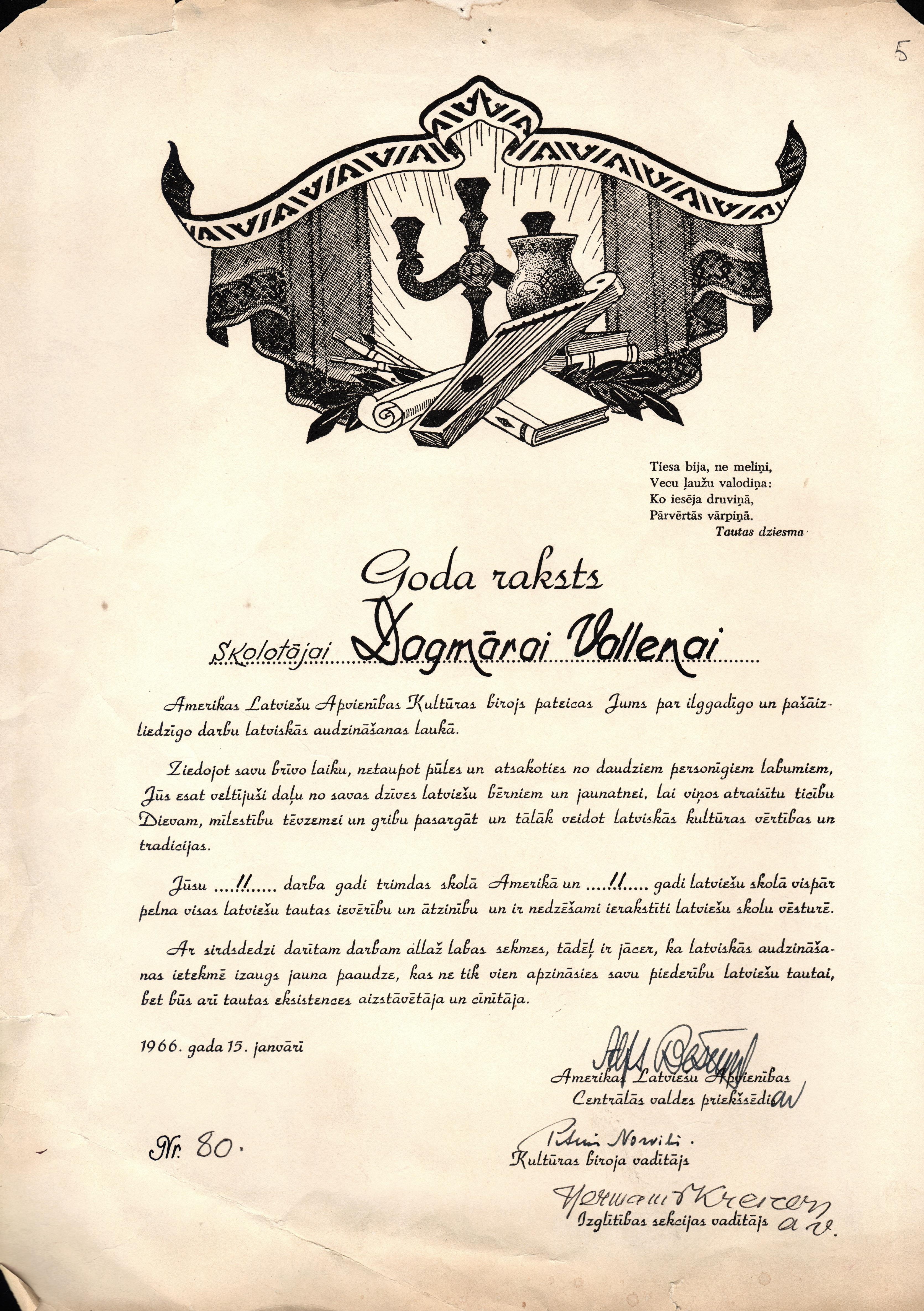 Amerikas Latviešu Apvienības Kultūras biroja Goda raksts, piešķirts D.Vallenai par ilggadēju darbu latviskuma uzturēšanā. 1966.gada 15.janvārī