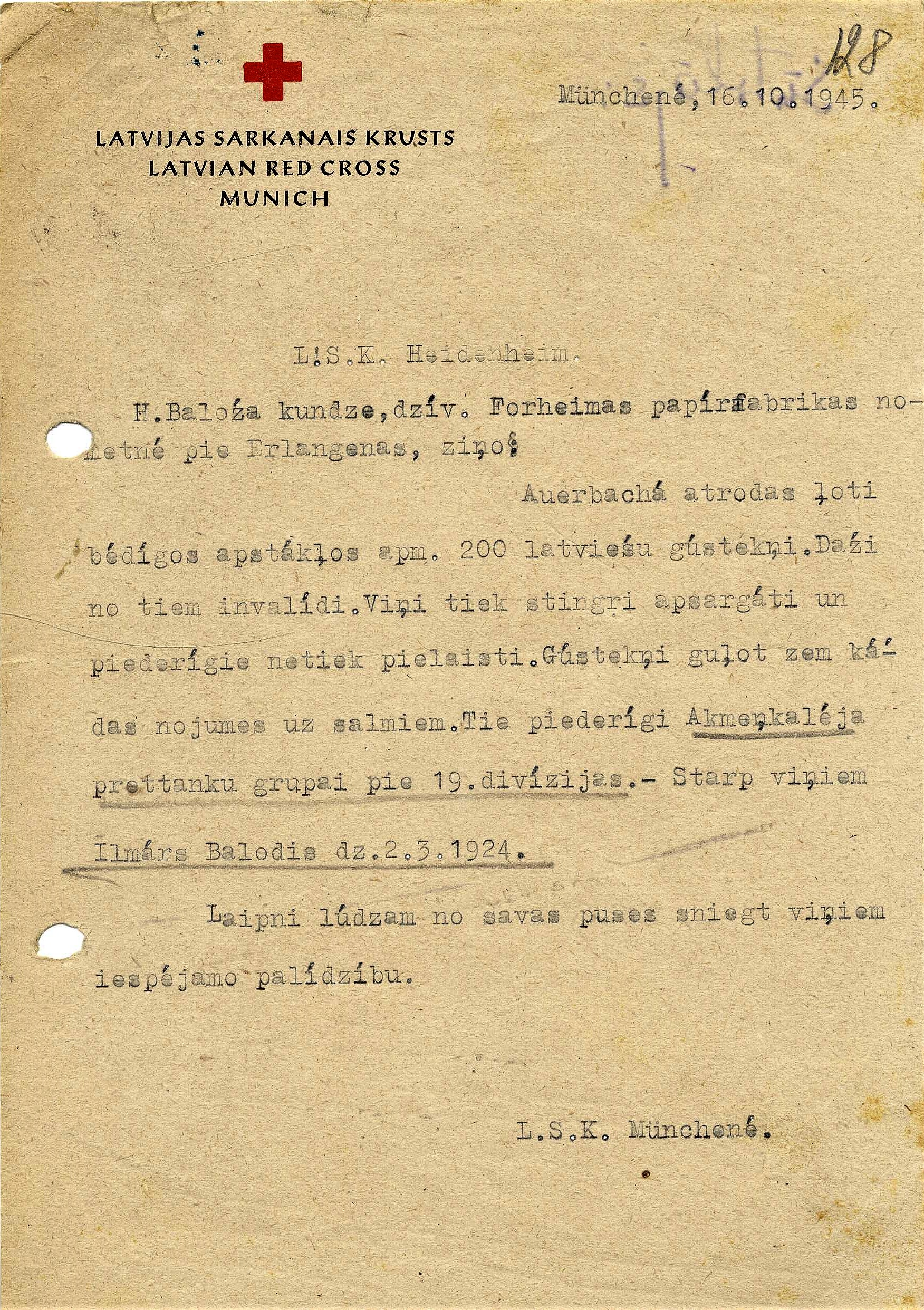 Ziņojums par Auerbahas nometnē esošiem latviešu karagūstekņiem bēdīgos apstākļos, 1945. gada 16. oktobris.