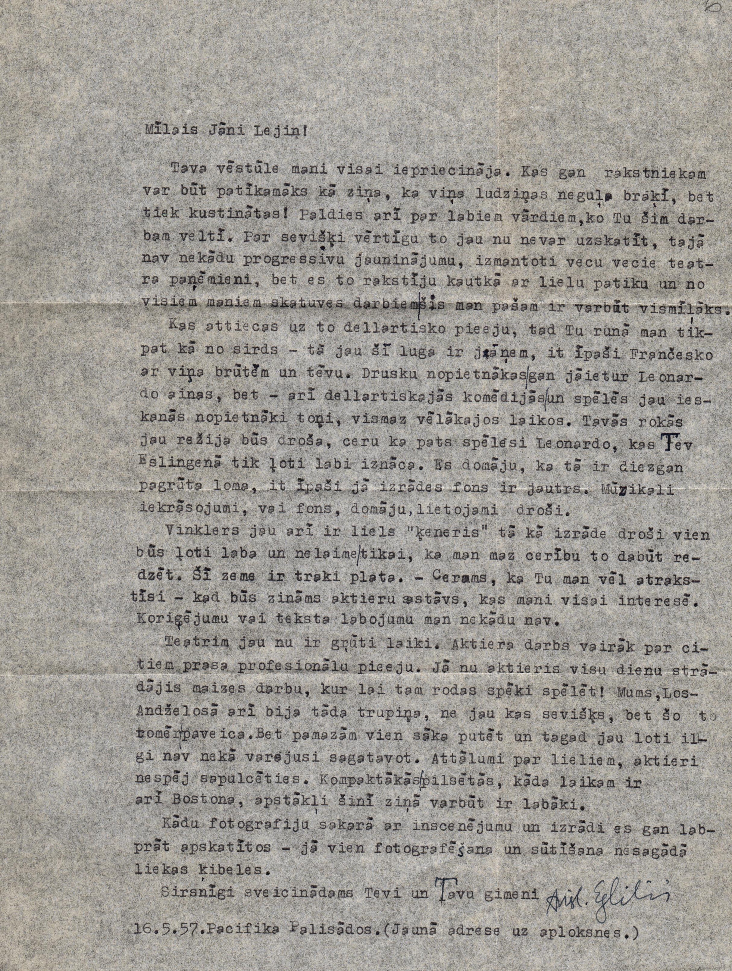 Rakstnieka Anšlava Eglīša sūtītā vēstule Jānim Lejiņam saistībā ar viņa lugas "Galma gleznotājs" iestudēšanu. 1957. gada 16. maijs.