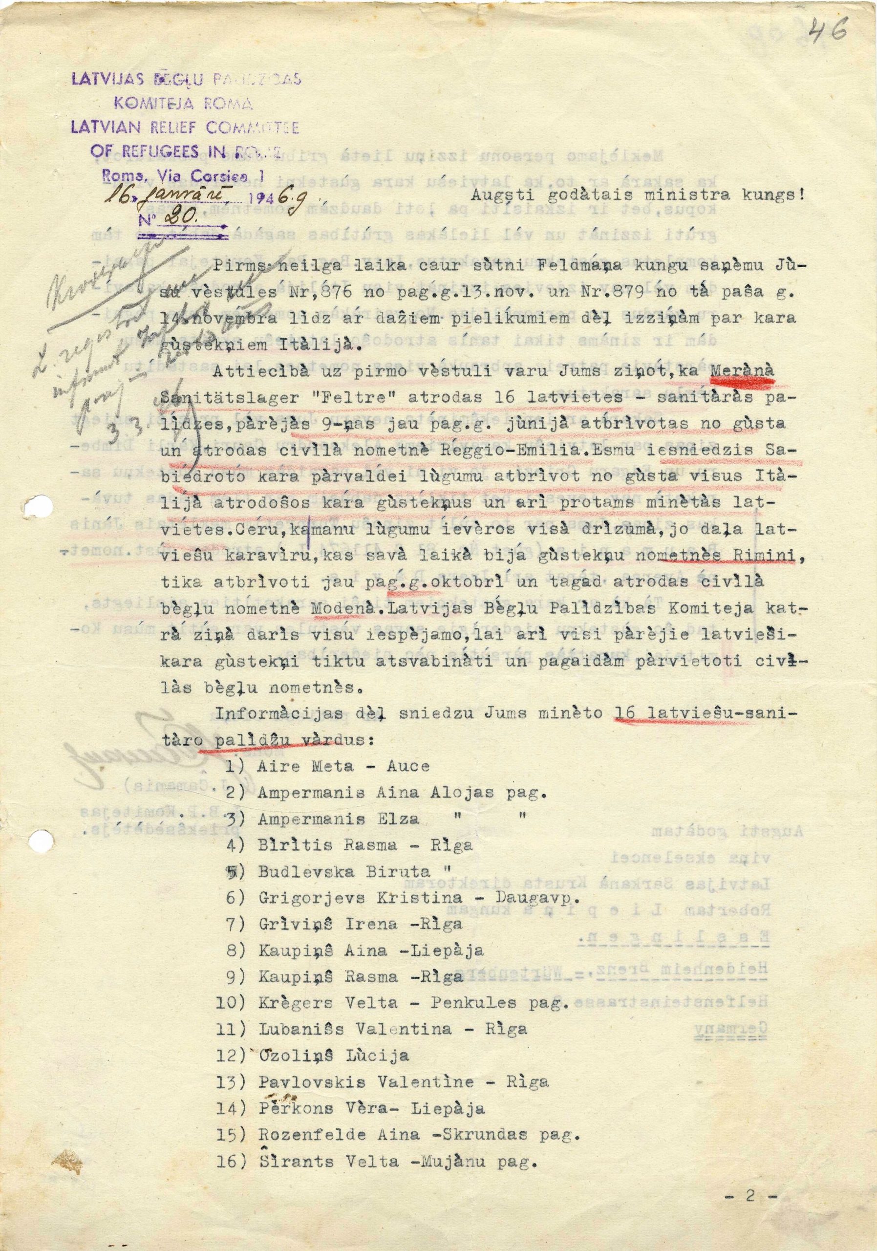 LSK pilnvarotā Itālijā Jāzepa Čamaņa ziņojums par latviešu gūstekņiem.