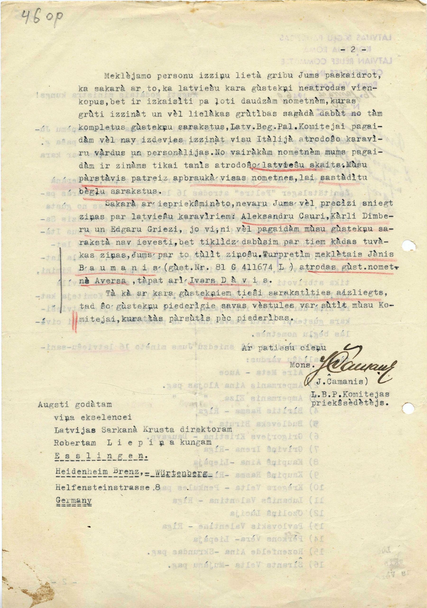 LSK pilnvarotā Itālijā Jāzepa Čamaņa ziņojums par latviešu gūstekņiem.