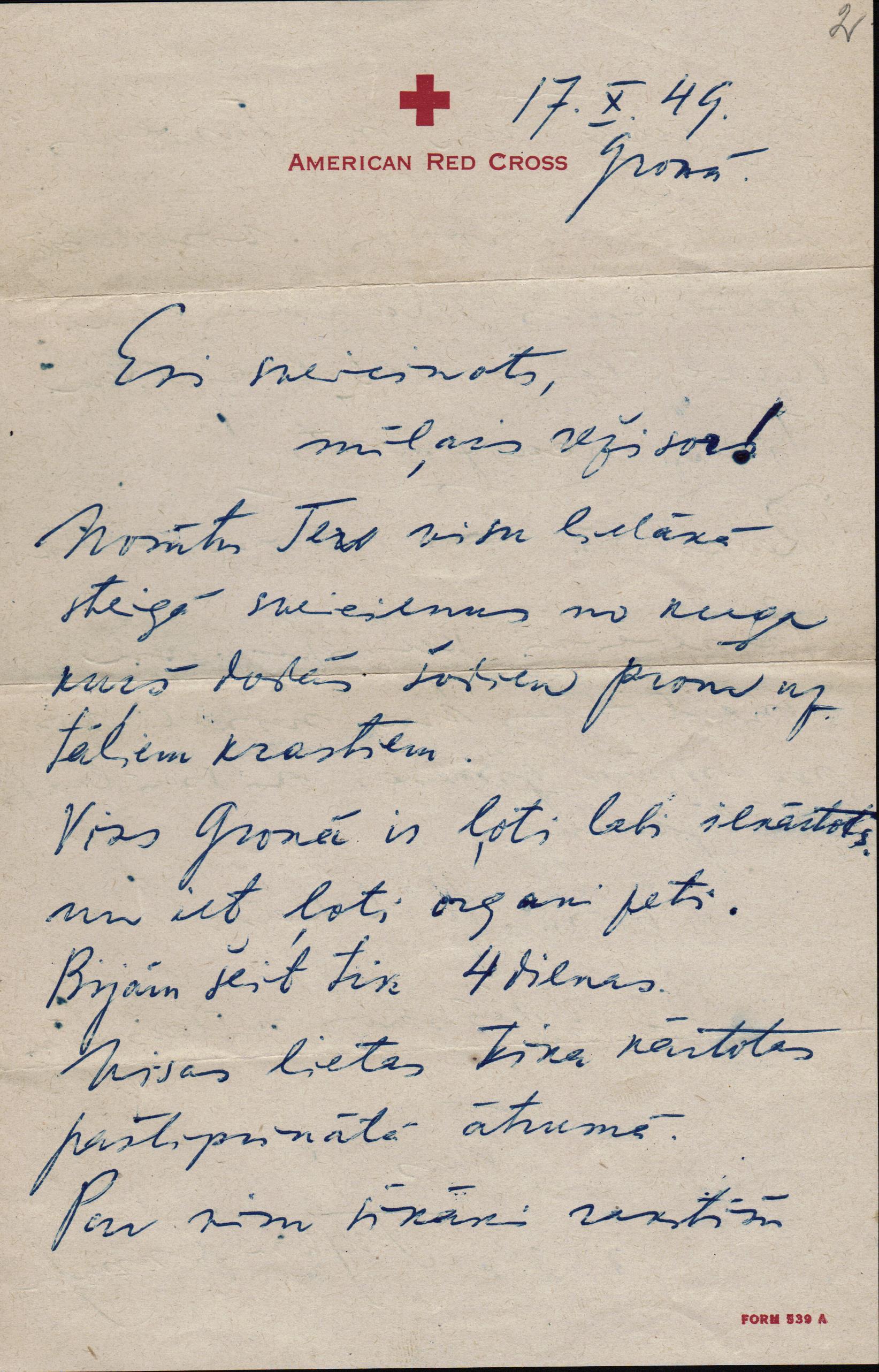 Mākslinieka Augusta Annusa sūtītā vēstule Jānim Lejiņam saistībā ar A. Annusa došanos uz ASV. 1949. gada 17. oktobris.