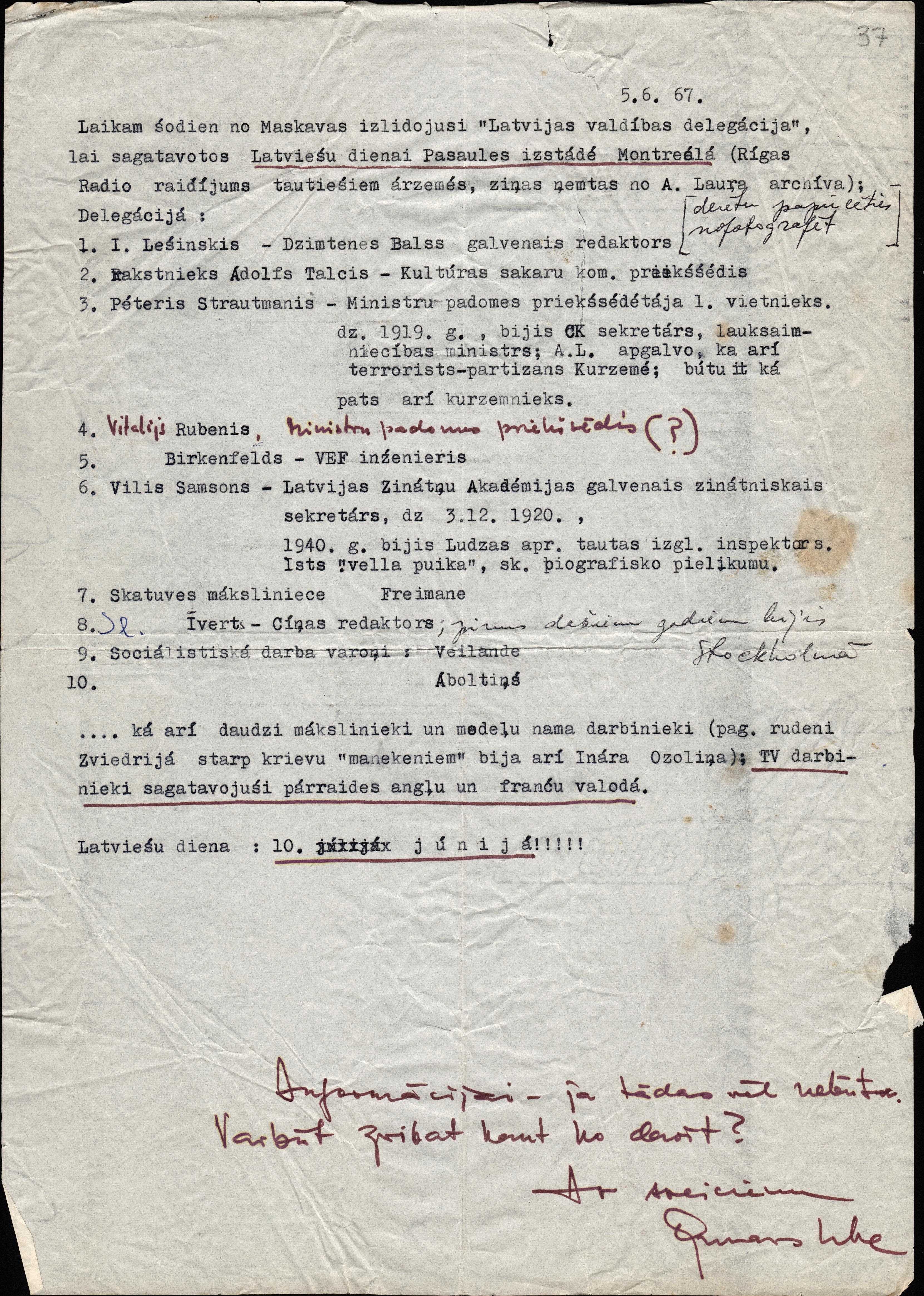 D.Vallenas sarakste G.Irbi 1967.gada 5.jūnijā