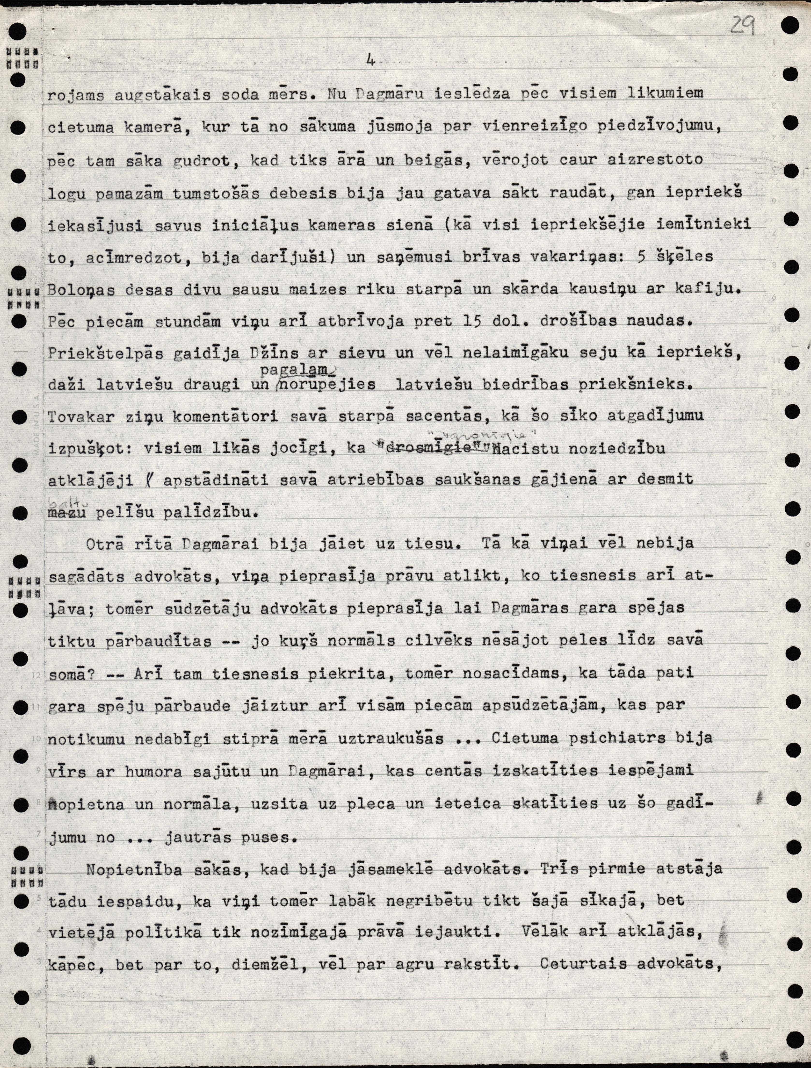 D.Vallenas raksta manuskripts. Raksts publicēts laikrakstā "Laiks" 1970.gada 7.janvārī