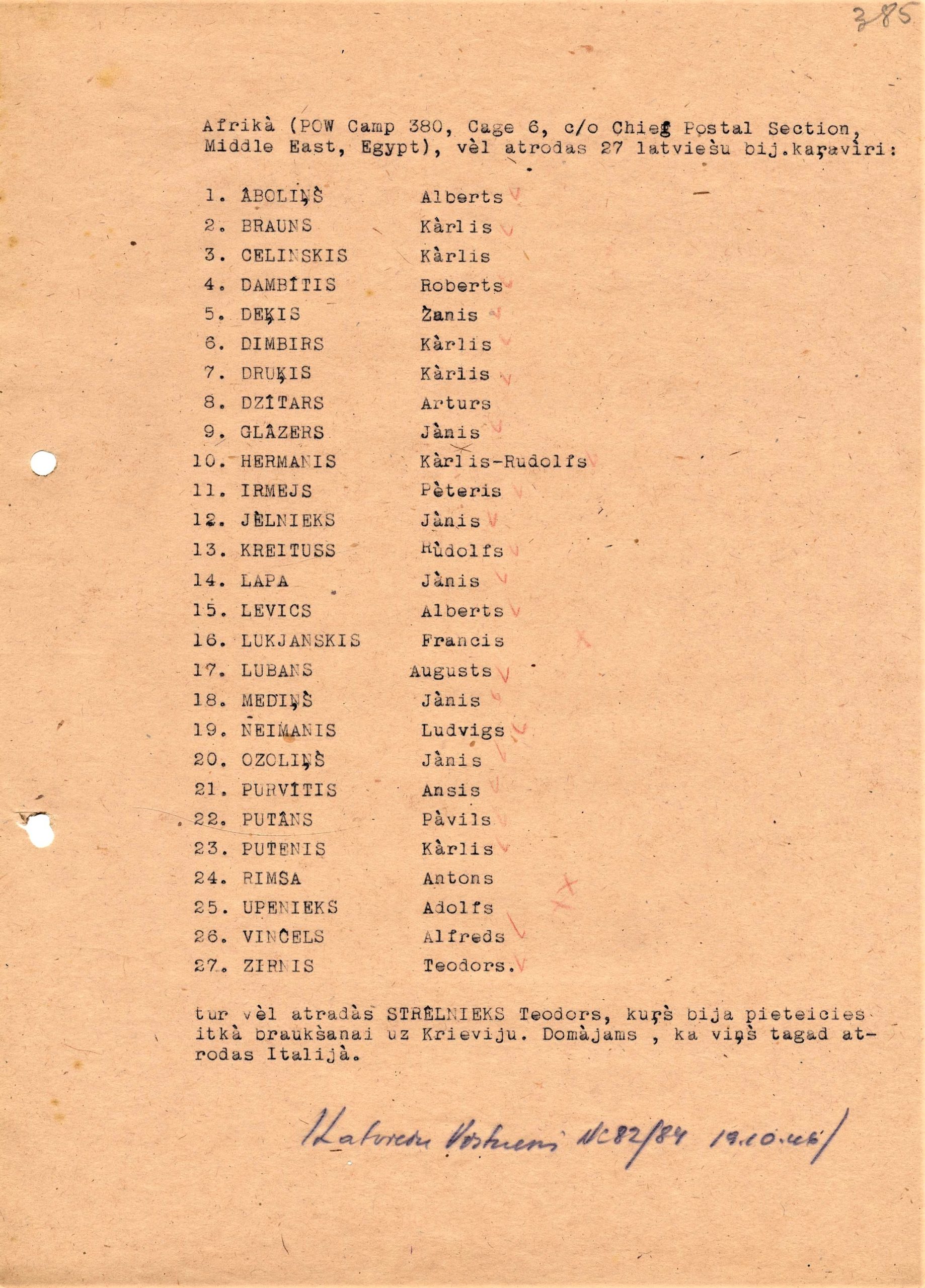 LSK sastādīts saraksts ar latviešu karagūstekņiem Ēģiptē.