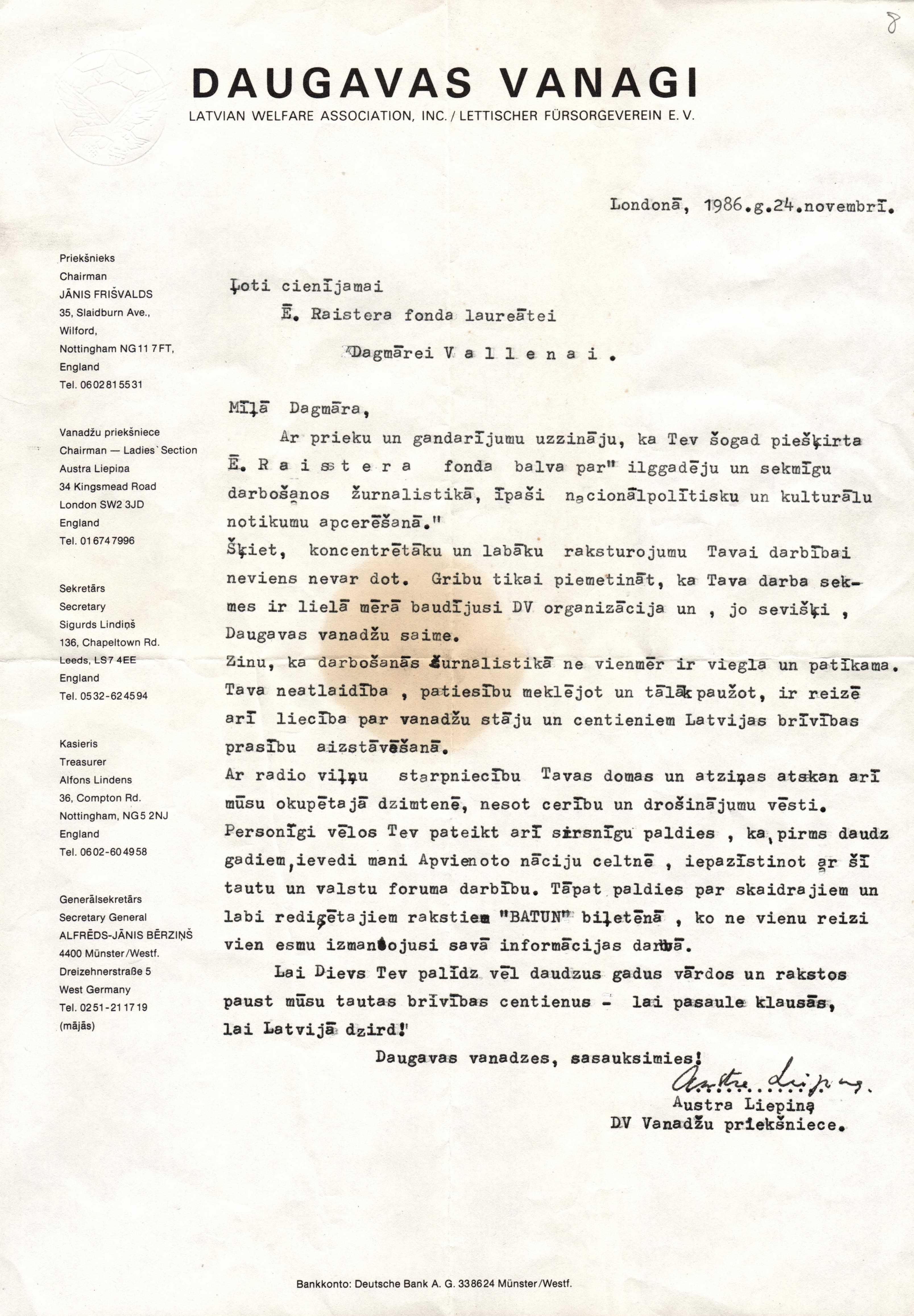 "Daugavas Vanagi" vēstule par Ērika Raistera piemiņas fonda balvas piešķiršanu D.Vallenai par ilggadēju un sekmīgu darbošanos žurnālistika, īpaši nacionālpolitisku un kulturālu notikumu apcerēšanā. 1986.g.