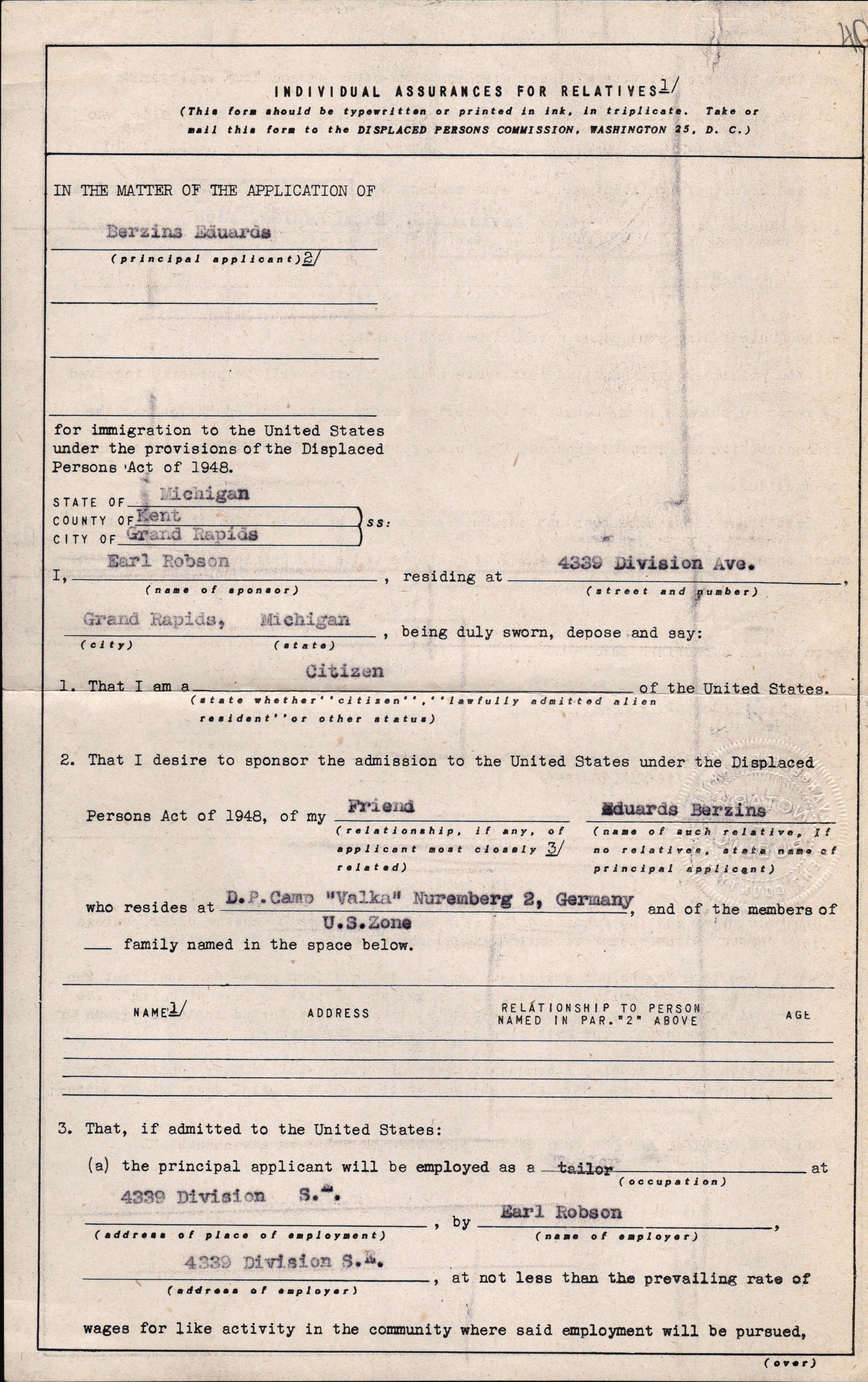 Galvojuma dokumenti Eduarda Bērziņa ieceļošanai Amerikas Savienotajās Valstīs. 1949. gada 14. jūlijs.