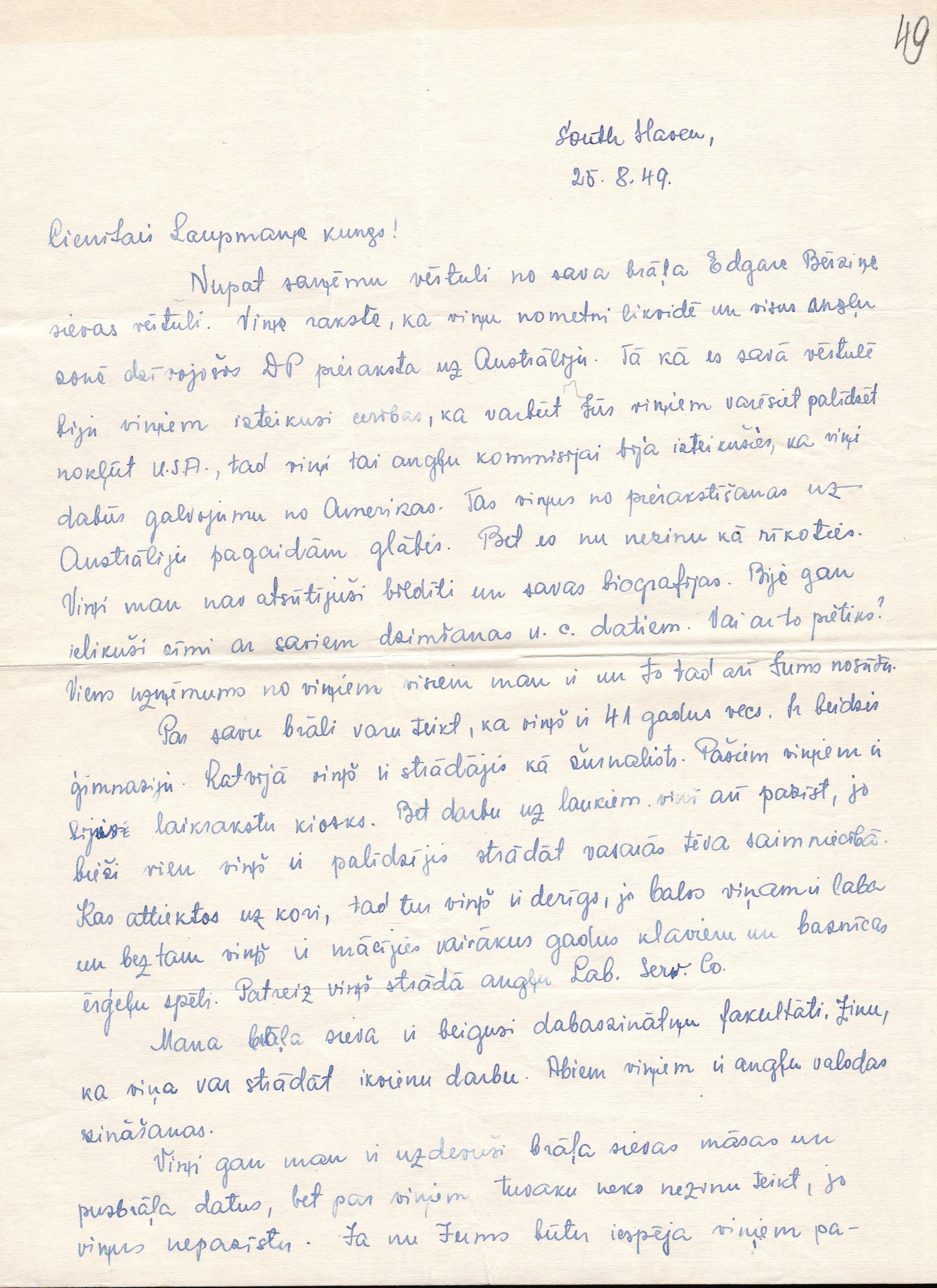 Edgara Bērziņa māsas Frančeskas Andersones vēstule Jānim Laupmanim par Edgara Bērziņa izceļošanu uz ASV. 1949. gada 25. augusts.