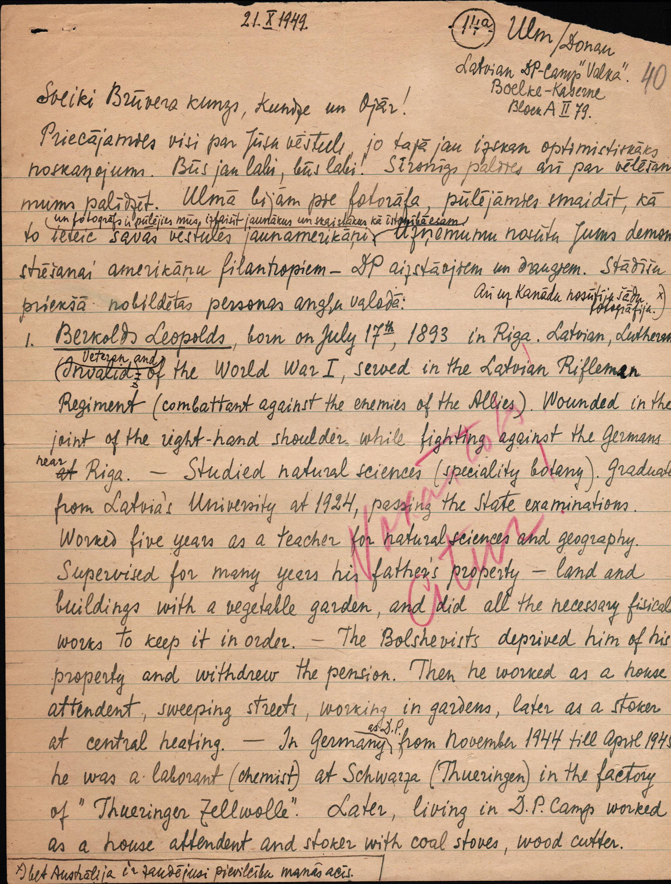 Leopolda Berkolda vēstule ar biogrāfiskām ziņām par viņa ģimeni. 1949. gada 21. oktobris.