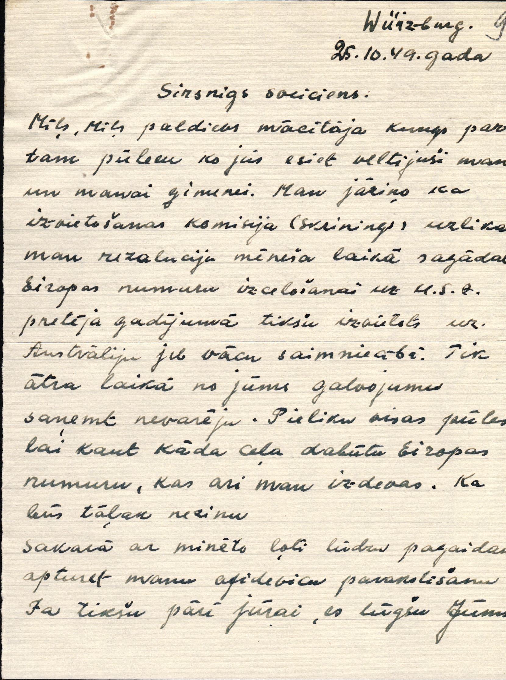Ernesta Zīlmaņa pateicības vēstule Jānim Laupmanim. 1949. gada 25. oktobris.