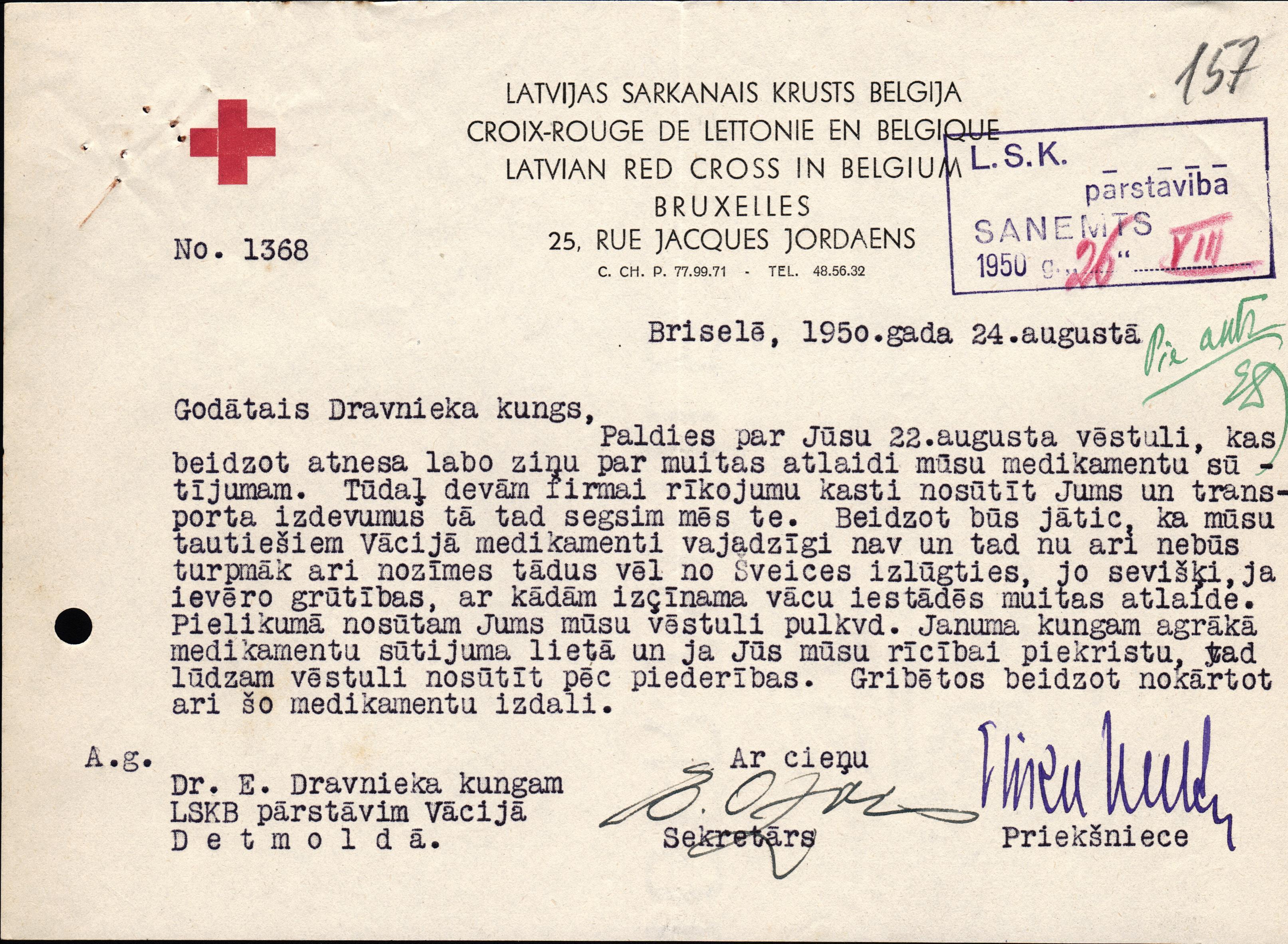 M.Valtera dzīvesbiedres Ērikas Valteres, Latvijas Sarkanā krusta biroja Beļģijā vadītājas vēstule.