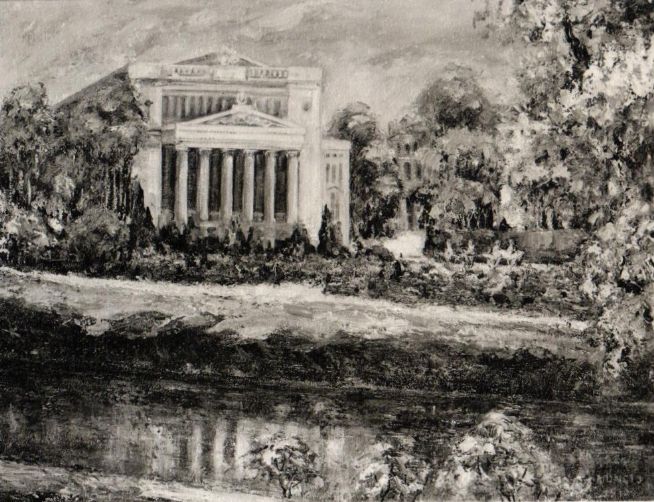 Kartīte ar Jāņa Munča gleznas “Rīgas ainava ar Nacionālo operu” fotoreprodukciju, nosūtīta kā apsveikums Ziemassvētkos.