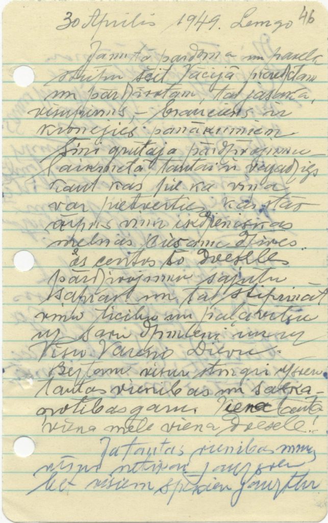 Fragments no Kārļa Zariņa ieraksta dienasgrāmatā par kopējiem iespaidiem apmeklējot Vāciju, 1949. gada 30. aprīlis. Avots: LNA_LVA_2263_1_38, 46. lp.