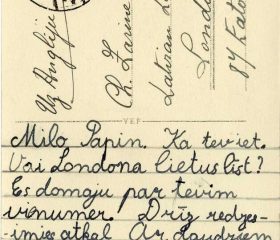 Atklātne Kārlim Zariņam no meitas Marie Annas un sievas Henrietes Zariņām, 1936. gads. Avots: LNA_LVA, F2263_1_222, 1. lp.