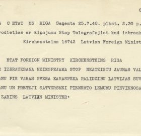Kārļa Zariņa atbildes noraksts okupētās Latvijas Ministru prezidenta un ārlietu ministra vietas izpildītāja Augustam Kirhenšteinam par atteikšanos atgriezties Latvijā. Avots: LNA_LVA, F2263_1_38, 15. lp.