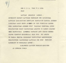 Okupētās Latvijas Ārlietu ministra Andreja Jablonska telegramas noraksts par pavēli Kārlim Zariņam nodot Latvijas pārstāvniecības aktīvus un pārējo īpašumu PSRS pārstāvniecībai Londonā. Avots: LNA_LVA, F2263_1_38, 17. lp.