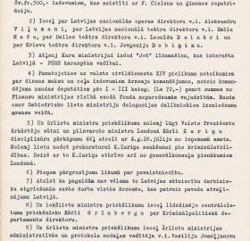 Okupētās Latvijas Ministru kabineta 1940. gada 26. jūlija sēdes protokola izraksts par Kārļa Zariņa atcelšanu no amata un saukšanas pie kriminālatbildības. Avots: LNA_LVVA, F1307_1_1463, 179. lp.
