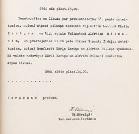 Okupētās Latvijas Ministru kabineta 1940. gada 30. jūlija sēdes protokola noraksts par Kārļa Zariņa un Alfrēda Bīlmaņa izsludināšanu ārpus likuma. Avots: LNA_LVVA, F1307_1_1463, 186. lp.