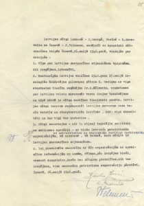 Sūtņu vienošanās tikšanās laikā Ženēvā 1946. gadā. Parakstījuši Kārlis Zariņš, Oļģerts Grosvalds un Jūlijs Feldmanis. Avots: LNA_LVA, F2263_1_160, 25. lp.