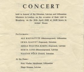 Koncerta programma par godu Kārļa Zariņa apmeklējumam Blombergas bēgļu nometnē. 1949. gada 29. aprīlis. Avots: LNA_LVA, F2263_1_38, 33. lp.