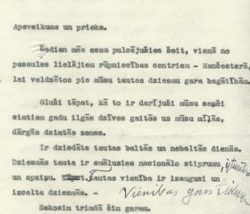 Kārļa Zariņa uzruna dziesmu svētku rīkotājiem, dalībniekiem un svētku viesiem 1954. gada 10. un 11. jūlijā Mančesterā. Avots: LNA_LVA, F2263_1_43, 26. lp.
