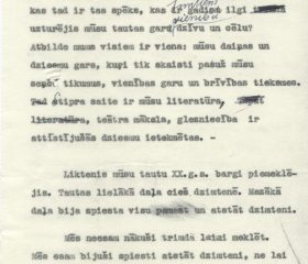 Kārļa Zariņa uzruna dziesmu svētku rīkotājiem, dalībniekiem un svētku viesiem 1954. gada 10. un 11. jūlijā Mančesterā. Avots: LNA_LVA, F2263_1_43, 27. lp.