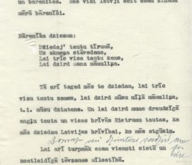Kārļa Zariņa uzruna dziesmu svētku rīkotājiem, dalībniekiem un svētku viesiem 1954. gada 10. un 11. jūlijā Mančesterā. Avots: LNA_LVA, F2263_1_43, 29. lp.