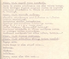 Kārļa Zariņa viesošanās programma Valkas nometnē Ulmā. 1949. gada 26. oktobris. Avots: LNA_LVA, F2263_1_184, 50. lp.