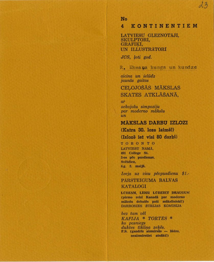 Ielūgums uz žurnāla "Jaunā Gaita" ceļojošās mākslas skates atklāšanu. Avots: LNA_LVA_F2470_1-v_51, 23. lp.