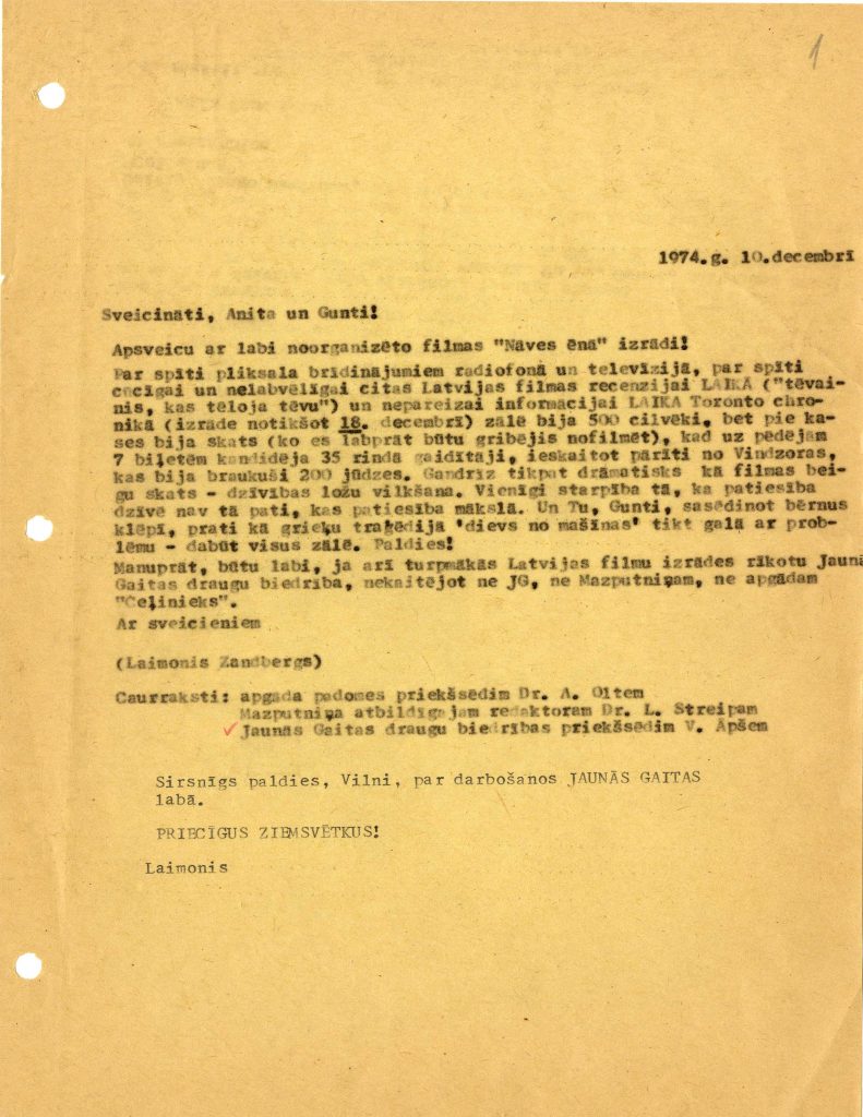 Žurnāla "Jaunā Gaita" galvenā redaktora Laimoņa Zandberga apsveikuma vēstule par labi noorganizēto filmas "Nāves ēnā" izrādi. 1974. gada 10. decembris. Avots: LNA_LVA F2927_1-v_71, 1. lp.