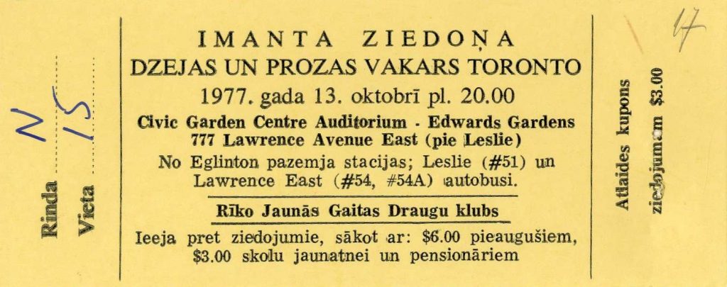 Biļete uz Imanta Ziedoņa dzejas un prozas vakaru Toronto 1977. gada 13. oktobrī. Avots: LNA_LVA F2927_1-v_74, 17. lp.