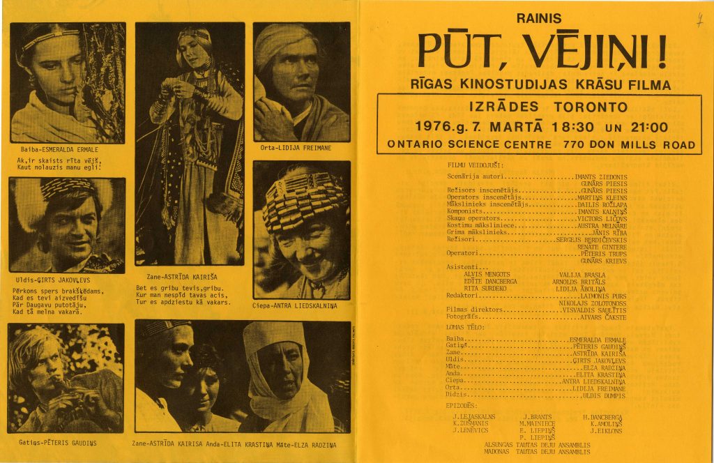 Informatīvs buklets par Rīgas kinostudijas filmas "Pūt vējiņi" izrādi Toronto 1976. gada 7. martā. Avots: LNA_LVA F2927_1-v_74, 7. lp.