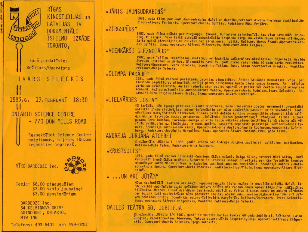 nformatīvs buklets par Rīgas kinostudijas un Latvijas TV dokumentālo īsfilmu izrādi Toronto 1983. gada 13. februārī. Avots: LNA_LVA F2927_1-v_74, 73. lp.