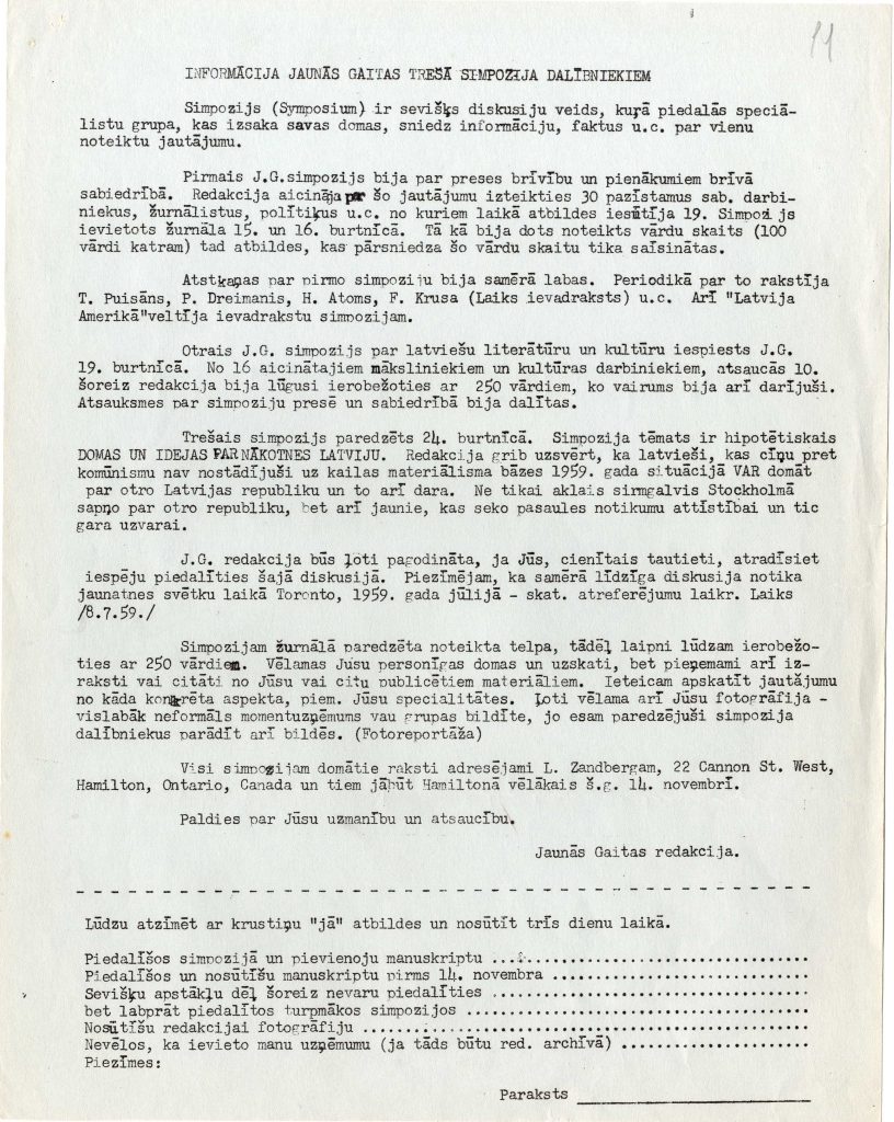 Informācija jaunās gaitas trešā simpozija dalībniekiem. Avots: LNA_LVA F3078_1-v_36, 11. lp.