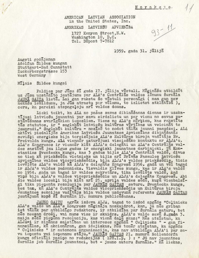 ALA Centrālās valdes priekšsēža Paula Lejiņa vēstule Ādolfam Šildem par žurnāla "Jaunā Gaita" saturu, ALA kritisko nostāju un pieņemto rezolūciju, 1959. gada 31. jūlijs. Avots:LNA_LVA F3078_1-v_37, 11. lp.